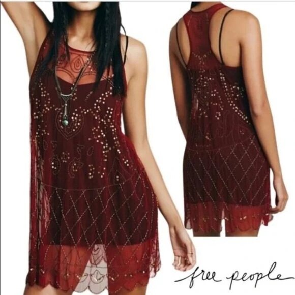 Free People Verona Red Sheer Beaded Slip Dress - Picture 1 of 9